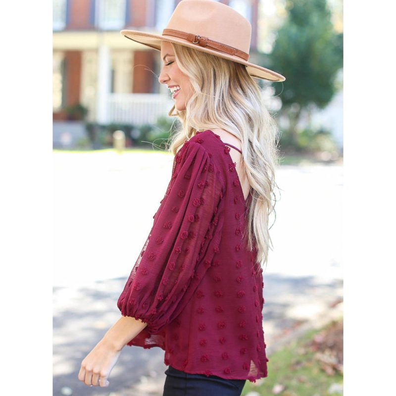 Summer Chiffon Shirt Solid Color round Neck Long Sleeve Chiffon Top - Image 4