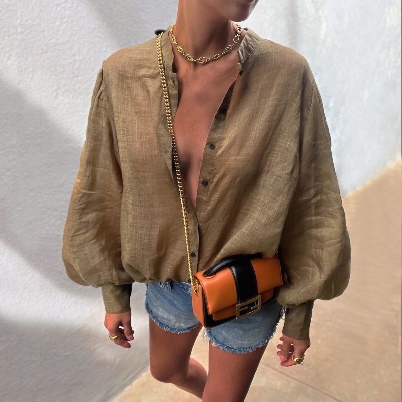 Spring Summer Women Clothing  Solid Color Puff Sleeve Loose Casual Top Shirt - Image 2