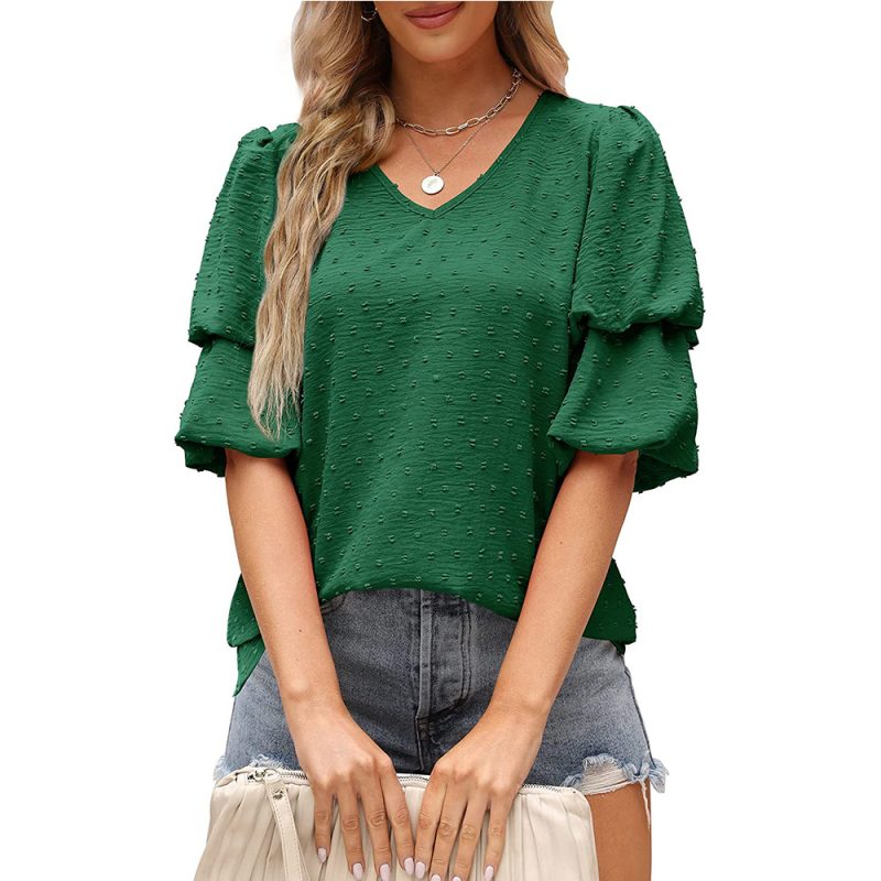 Women Clothing Spring Summer V neck Chiffon Bishop Sleeves Top Fur Ball Shirt - Image 4