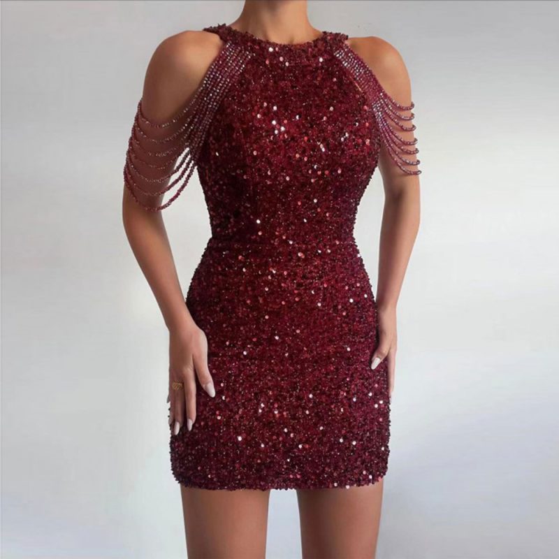 Spring Summer Halter Sexy Crystal Fringed Sheath Sequined Dress Mid Waist Evening Dress - Image 3