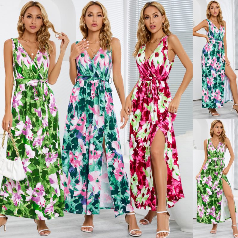 Bohemian Printed Dress Summer Women  Sleeveless V neck Slit Dress - Image 4