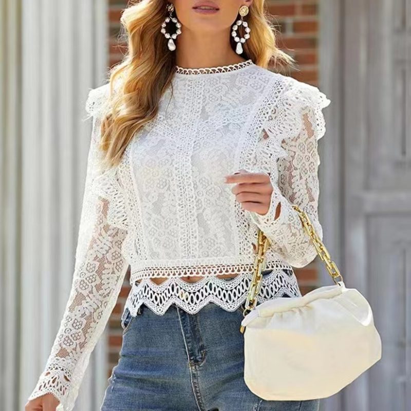 Lace Shirt Base Sexy Cutout Lace Long Sleeved Fresh Sweet Women Top - Image 2
