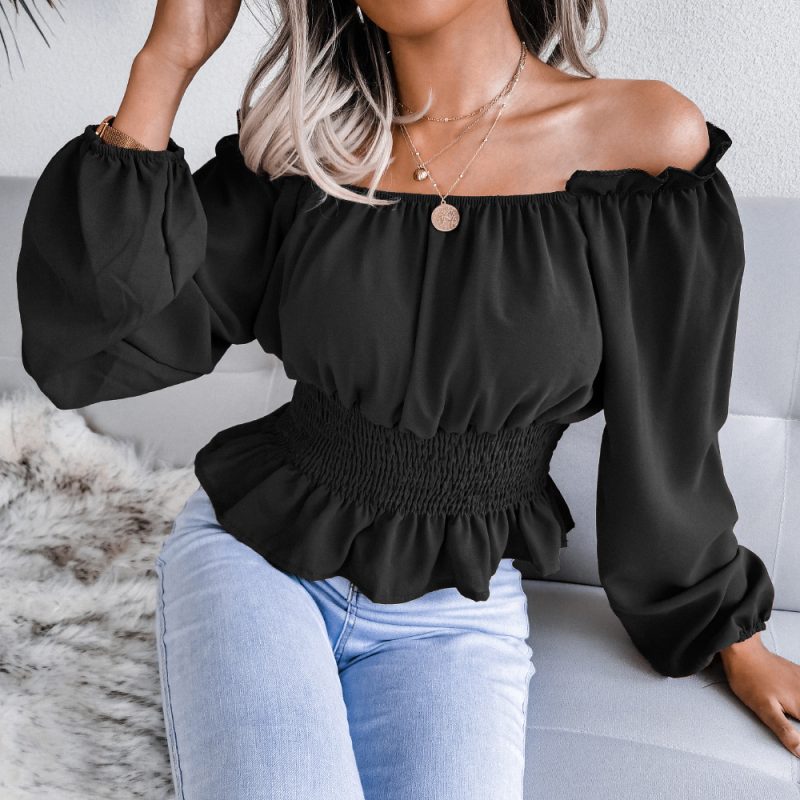 Real Shot Autumn Winter Sexy Off Shoulder Off Shoulder Hem Ruffled Chiffon Shirt Top Women Clothing - Image 4