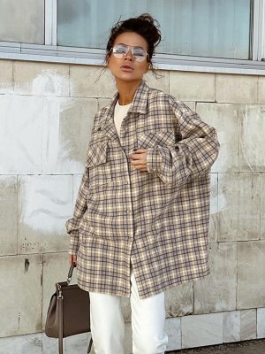 Spring Retro Khaki Plaid Shirt Women  Office Oversize Long Sleeve Inner Wear Shirt Top