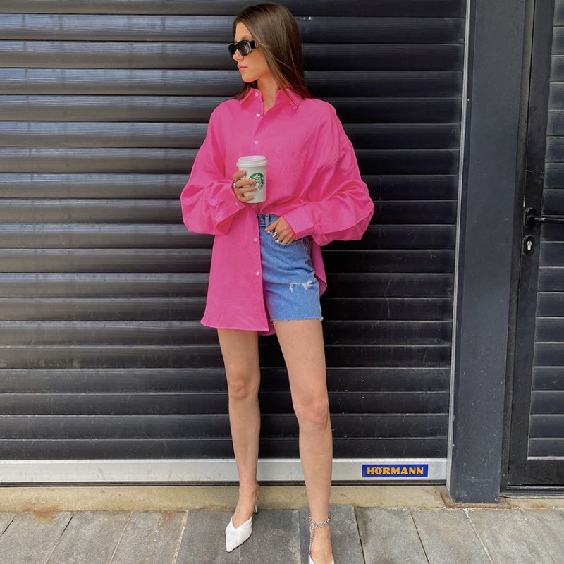 Fall New Rose Red Women Clothing  Fashion  Long Sleeve Shirt Loose Cotton Sun Protection - Image 4