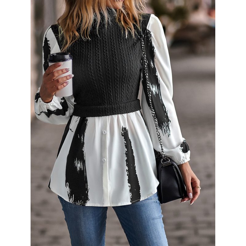 Women Round Neck Patchwork Top Spring Long Sleeve Shirt Women - Image 2
