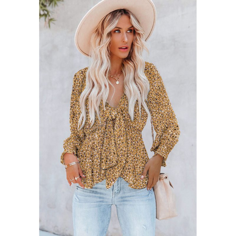 Waist Slimming Lace-up Chiffon Shirt Women Autumn Floral Long Sleeve Top - Image 3