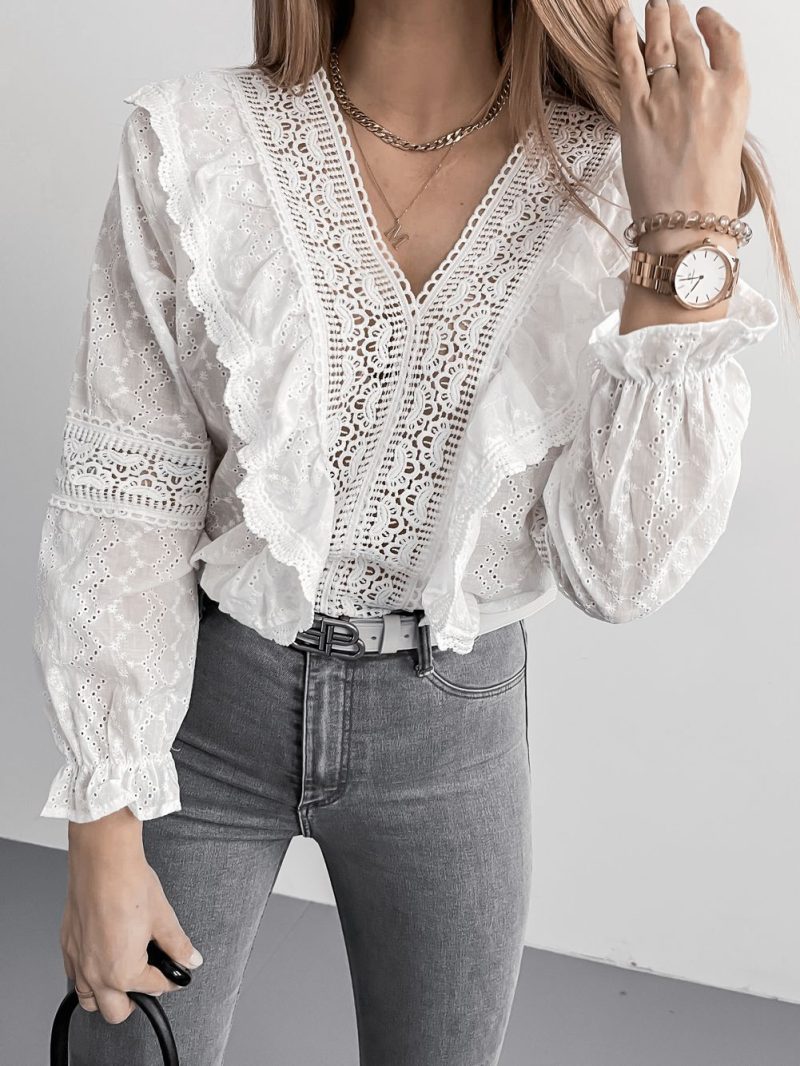 Women Clothing Spring Summer V-neck Lace Long Sleeve Tops Shirt Lace Hollow Out Cutout Eyelet Embroidery - Image 3