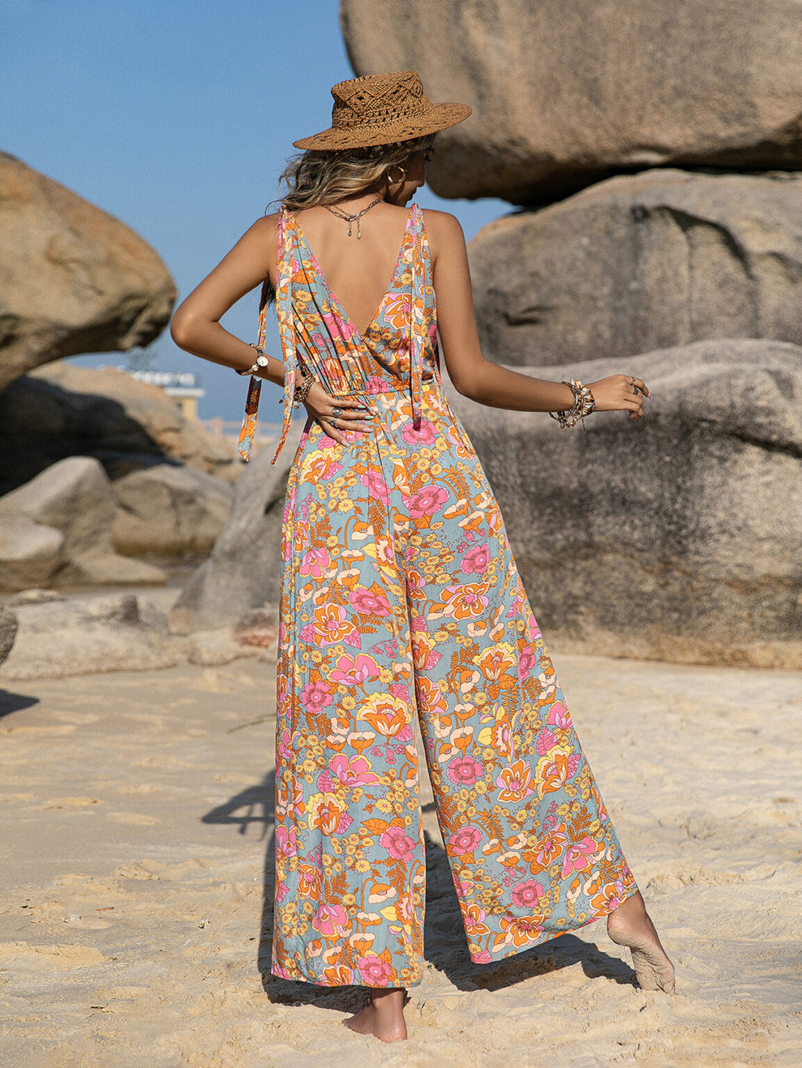 Mixed Bohemian Spaghetti-Strap Floral Print Jumpsuit Backless Jumpsuit - Image 2