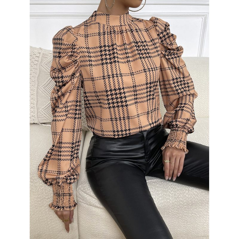 Spring Summer Office Puff Sleeve Houndstooth Printed Top Women - Image 3