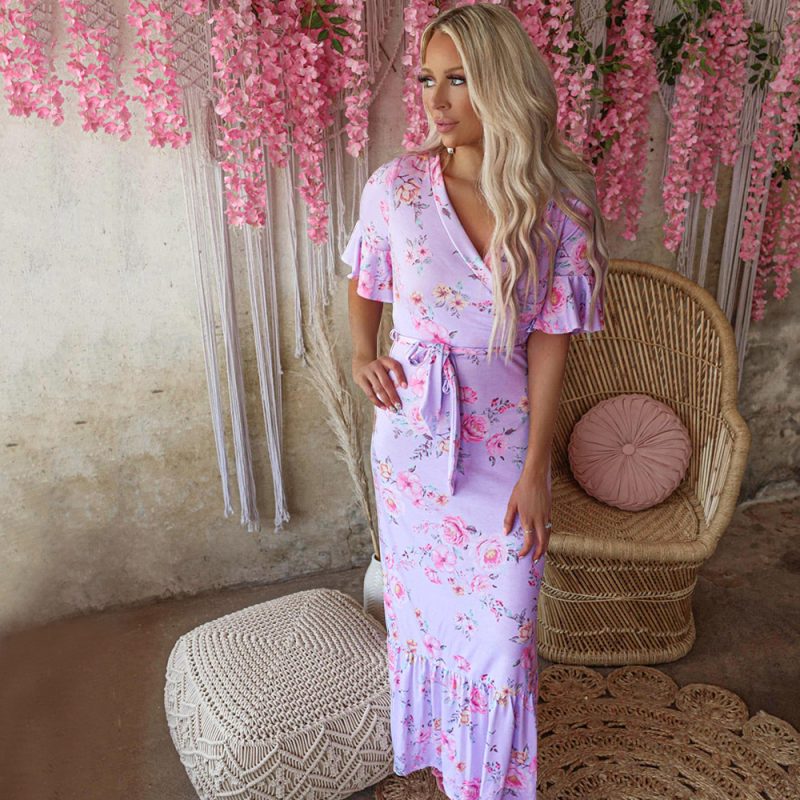 Summer Fashion Floral Print Short Sleeve V-neck Casual Dress Pajamas Women