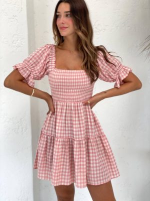 Summer Printed Checks Pleated Corset Casual Dress