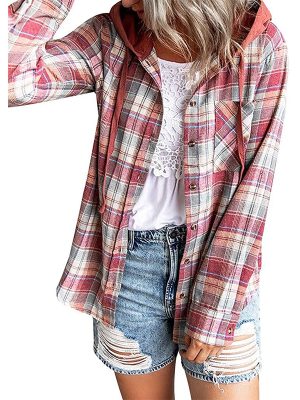 Women Clothing Autumn Winter New  Plaid Hoodie Single Row Button Casual Shirt