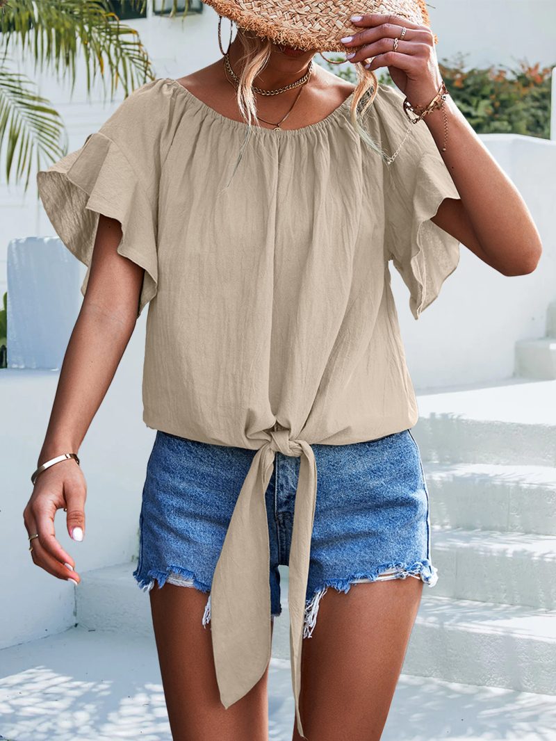 Women Clothing Spring Summer Ruffled Lace up round Neck Two Way Top - Image 4