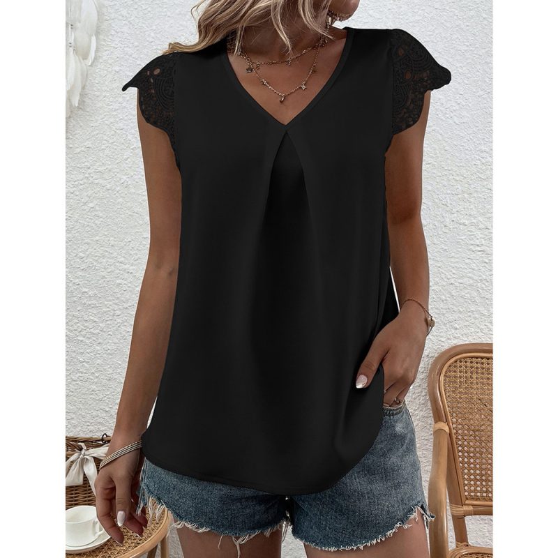 Summer Women Clothing Cutout Lace V neck Patchwork Short Sleeved Top Women - Image 4