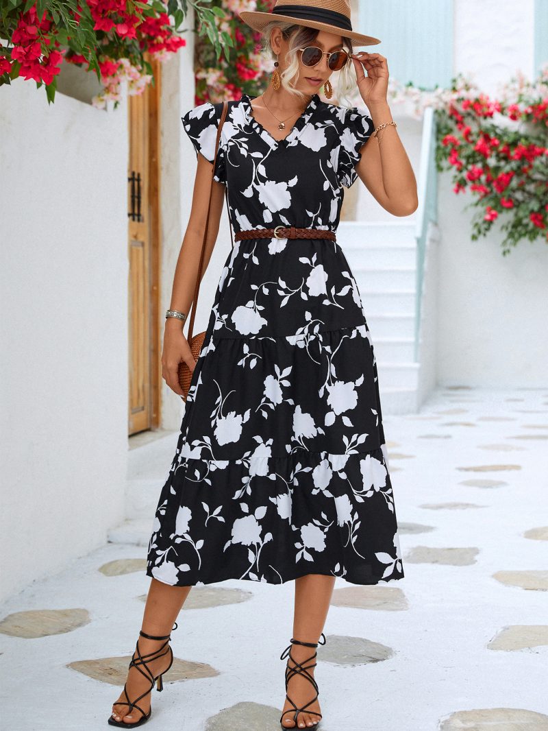 Spring Summer Women Clothing V neck Printed Flying Sleeves Dress - Image 4