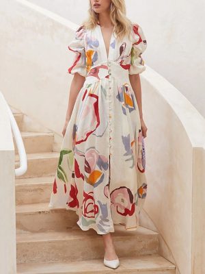 Spring Arrival Women Beach Dress Slim Fit Large Swing Elastic Printing Maxi Dress