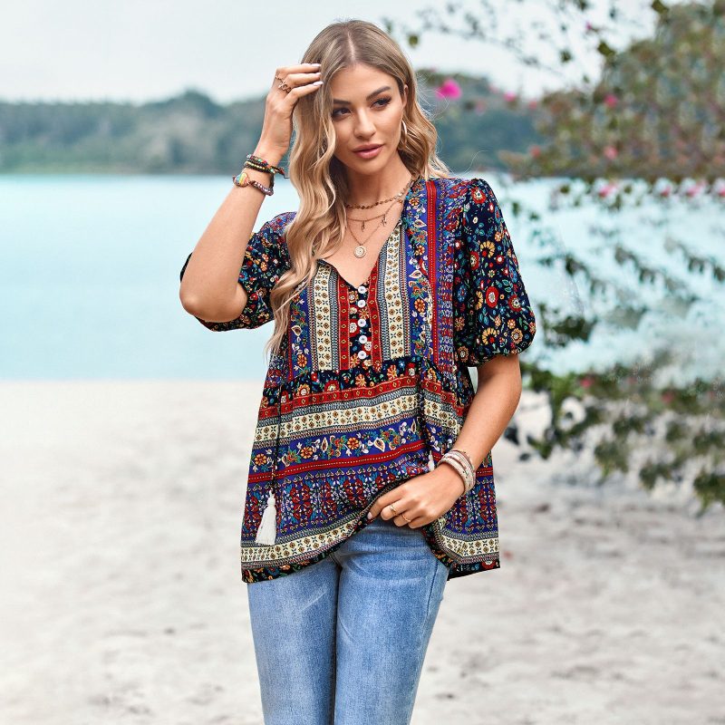 Printed Shirt Women Summer Office V neck Top - Image 3