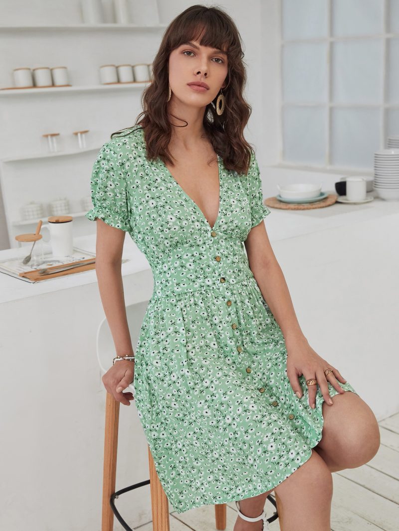 Women Clothing Rayon V neck Slimming Printed Dress - Image 2