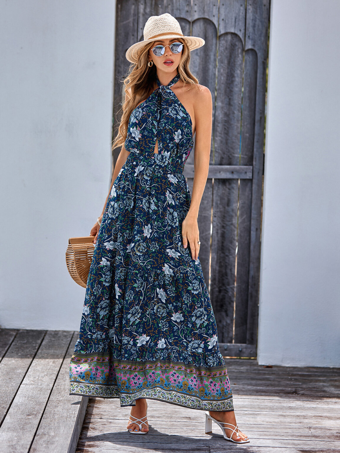 Spring Summer Bohemian Printed Casual Halter Maxi Dress Women - Image 3