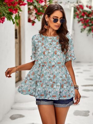 Round Neck Waist Trimming Dress Spring Summer Vacation Shirt For Women