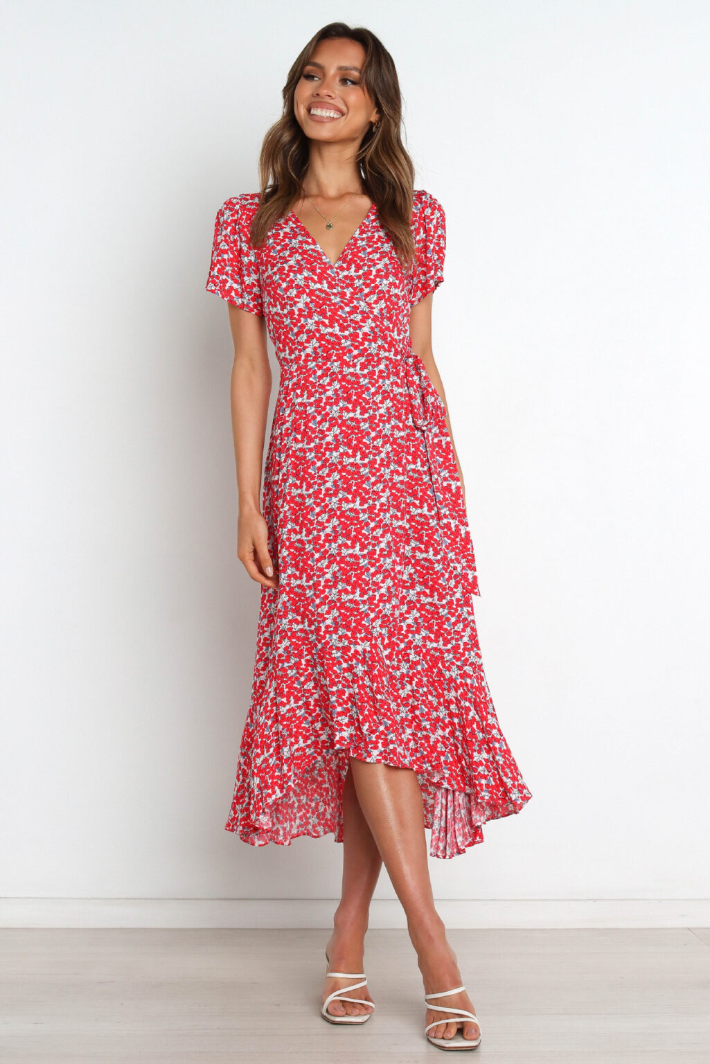 Printed Short Sleeve V-neck Lace-up Large Swing Dress for Women - Image 5