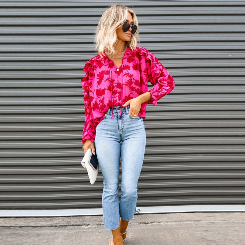 Rose Pleated Printed Shirt Autumn Loose V neck Chiffon Shirt Top - Image 4