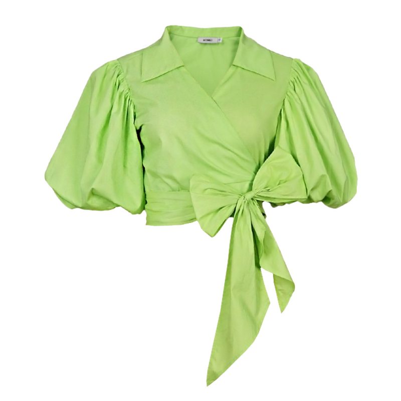 Summer New Puff Sleeve Lace-up Closing Belt Short Top V-neck Cotton Shirt Fabric Elegant Women - Image 5