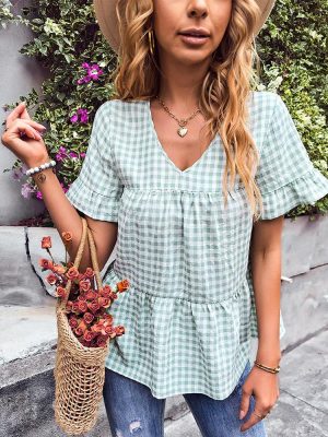 Plaid Women Top Summer Short Sleeve Ruffled Elegant Small Babydoll Shirt