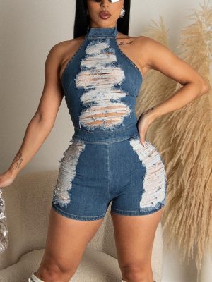 Women Clothing Spring Denim Halter Tassel Beggar Dress Sexy Jumpsuit