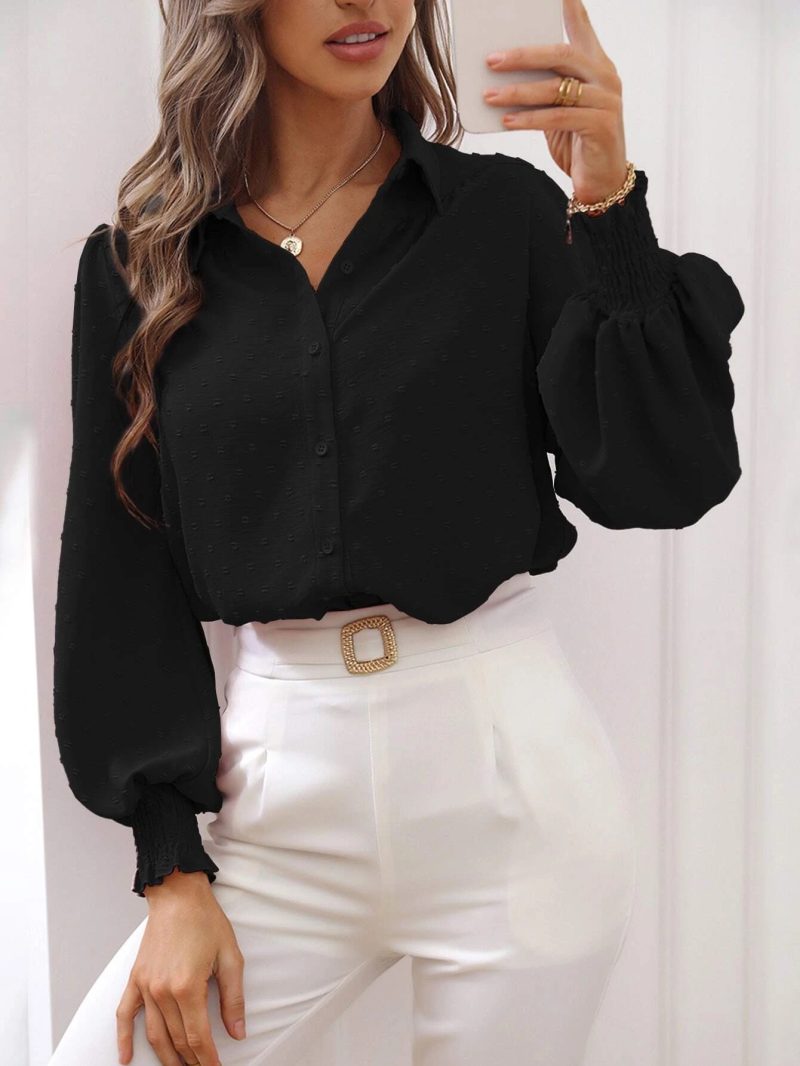 Autumn Women Shirt Collared Lantern Sleeve Solid Color Shirt - Image 3