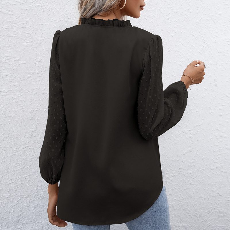 Women Clothing Autumn Puff Sleeve Ladies V neck Long Sleeve Shirt - Image 3