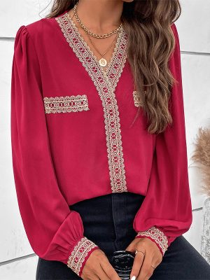 Women Clothing Red Stitching Lace Edge Long Sleeve V neck Shirt Women Top