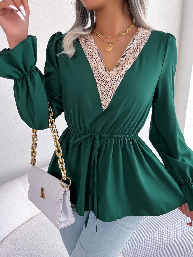 Spring Summer Casual V Neck Lace Lace Up Waist Trimming Ruffles Chiffon Shirt Women Clothing - Image 2