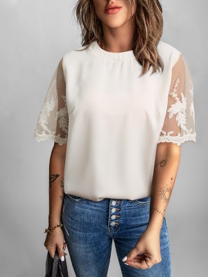 Lace Short-Sleeved Top WomenSolid Color Casual Chiffon Shirt