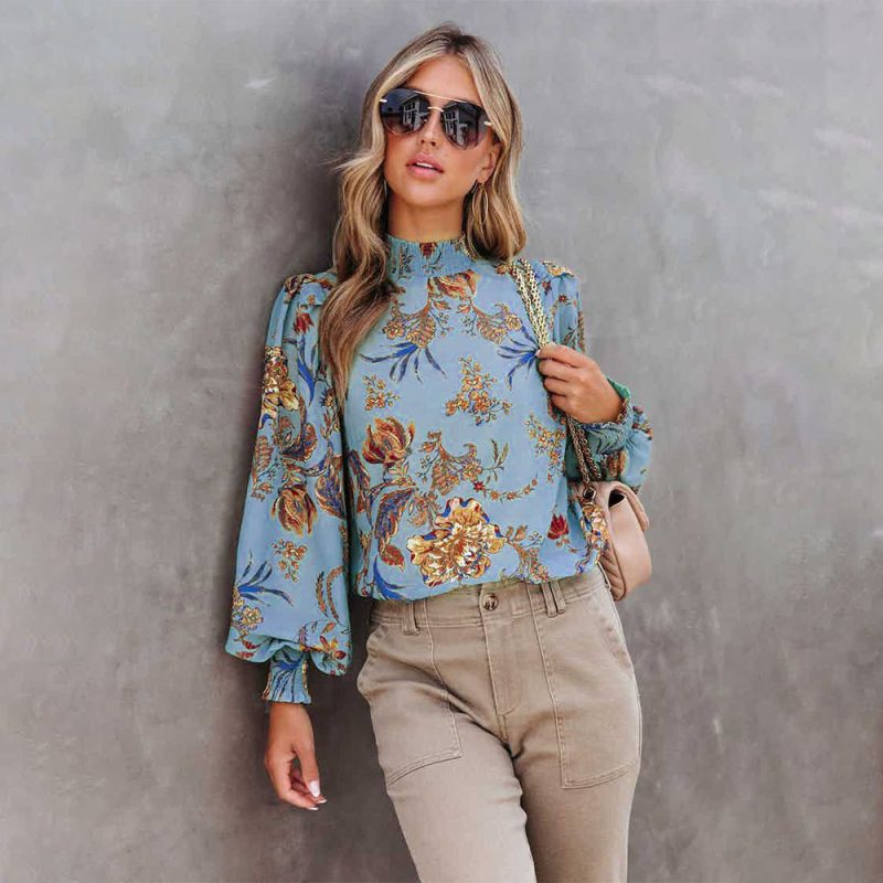 Fall Floral Print Long Sleeve Turtleneck Loose Casual Shirt Women - Image 3