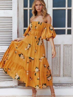 Women Clothing off the Shoulder Bubble Sleeve Printed Dress