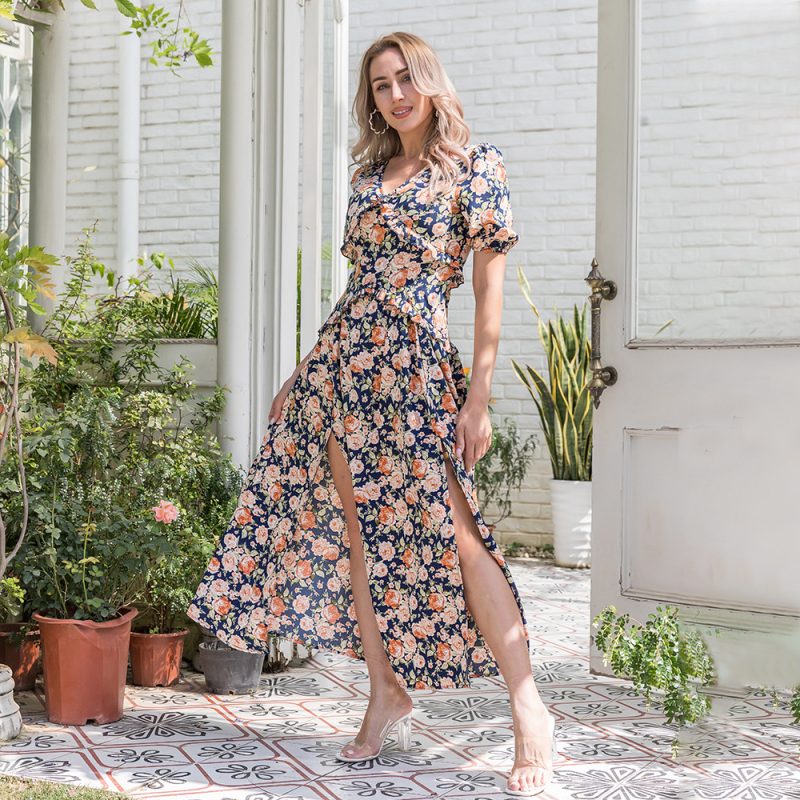 Women Clothing Printed Short Sleeve Dress Dress with Vents Swing Maxi Dress Women - Image 2