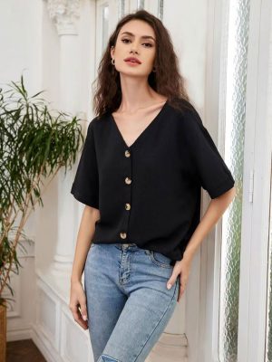 Spring Summer Women Clothing Solid Color Casual Loose V Neck Short Sleeve Shirt