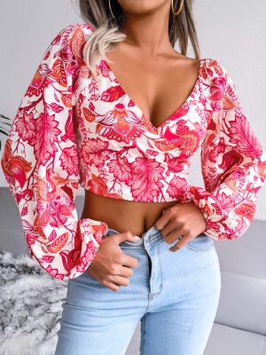 V-neck Lantern Sleeves Long Sleeve Floral Chiffon Shirt Vacation Cropped Top Women Clothing