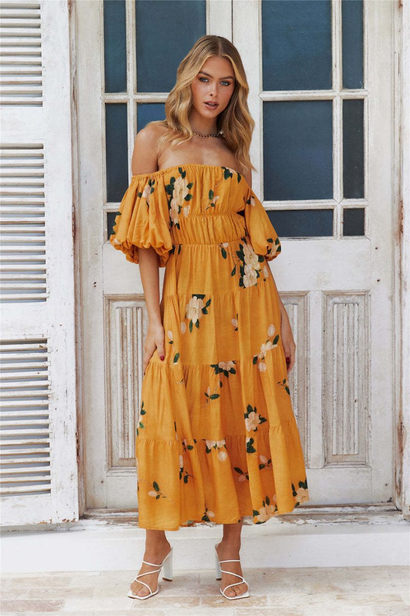 Women Clothing off the Shoulder Bubble Sleeve Printed Dress - Image 5