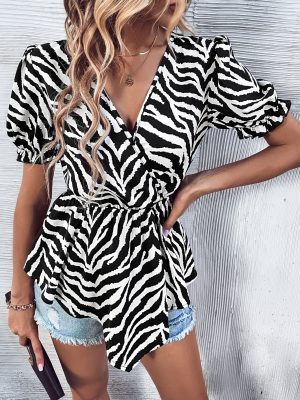 Women Printed Zebra Print Slimming Skinny Ruffle Sleeve All Match Women Clothing