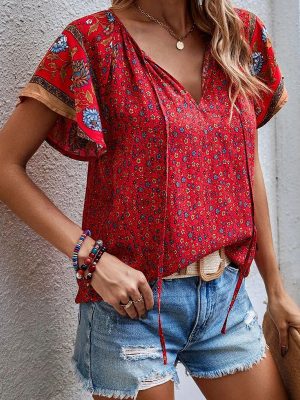 Summer Women Clothing Casual Loose V neck Ethnic Print Short Sleeve Shirt