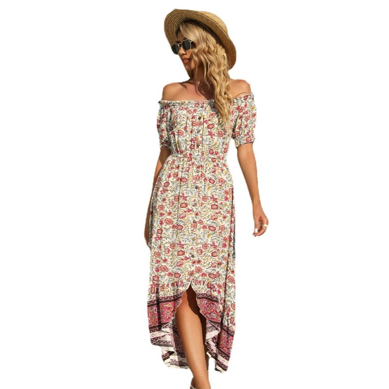 Summer Floral-Print off-Shoulder Irregular Asymmetric Dress Maxi Dress for Women - Image 5