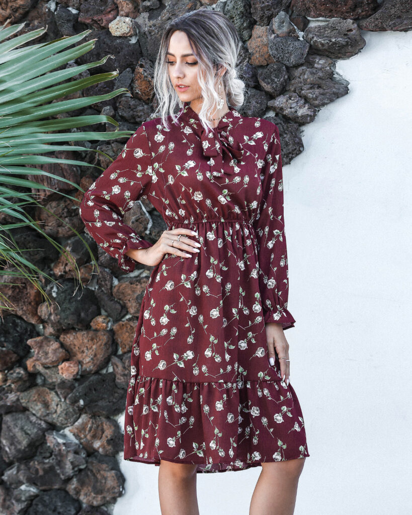 Women Clothing Autumn Bow Collar Bell Sleeve Floral Dress