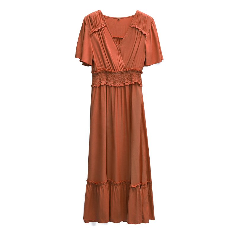 Solid Color V neck Dress Waist Controlled Split Dress - Image 4