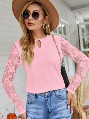 Autumn Winter Lace Stitching Coat Multi Color Knitwear for Women Thin Slimming Long Sleeve T shirt