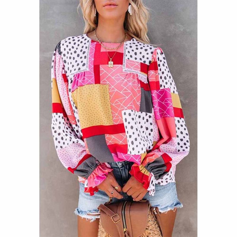 Women Clothing Multi Color Polka Dot Long Sleeve Shirt Chiffon Geometric Abstract Printed Round Neck Shirt - Image 4