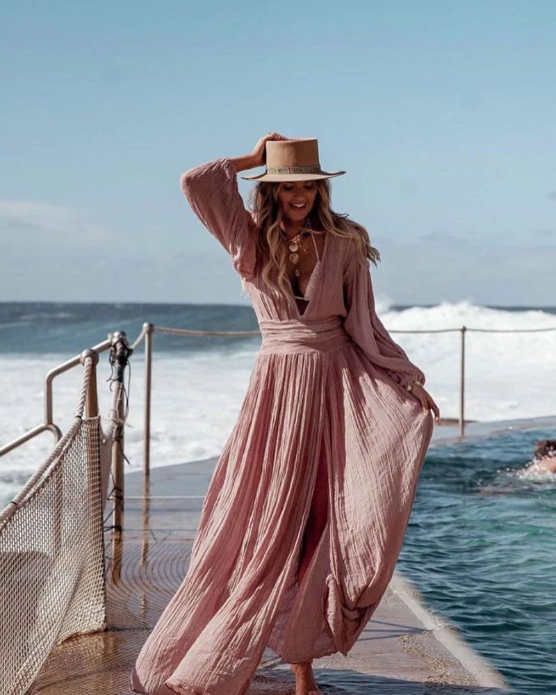 Lantern Sleeve Cotton Linen Vacation V-neck Slit Dress - Image 3