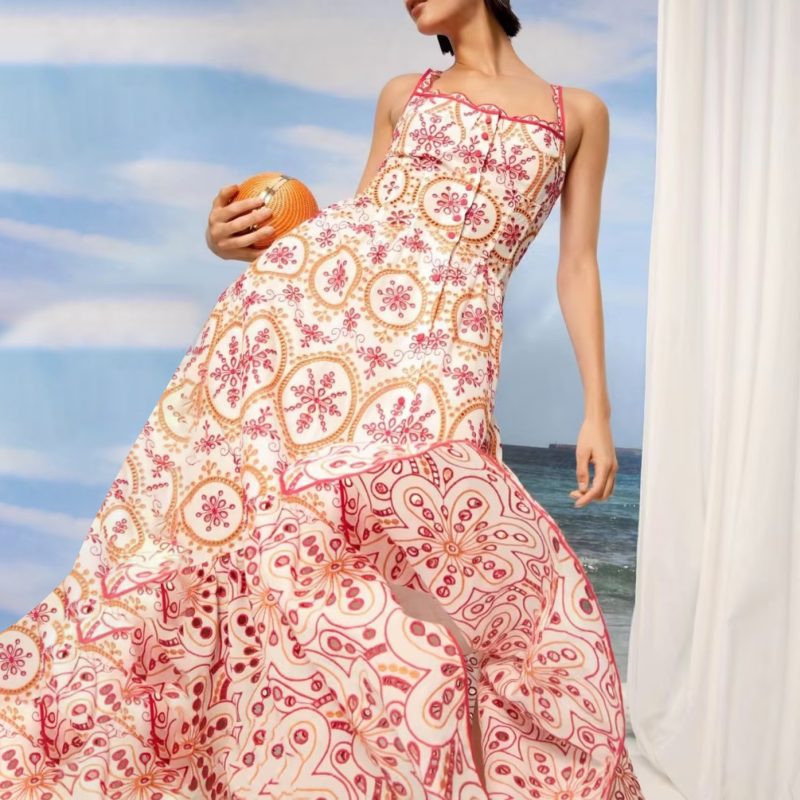 Summer Machine Embroidery Suspender Dress French Gentle Backless Slim Fit Hollow Out Cutout out Wide Hem Long Dress - Image 2